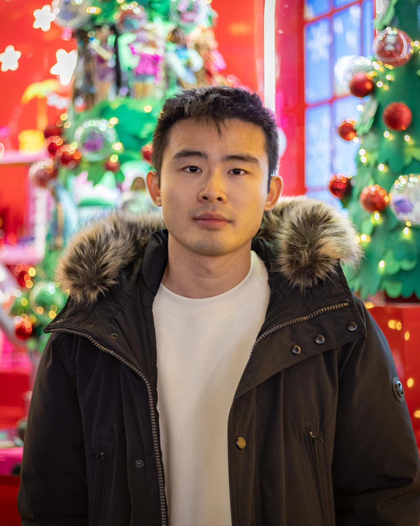 After: Parka and Christmas lights. Scored highest in his set despite being the most casual.